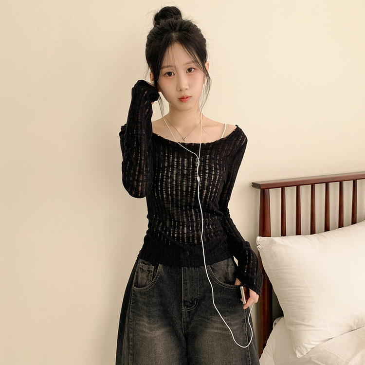 シースルーリボンクロップ長袖Tシャツ BLACK