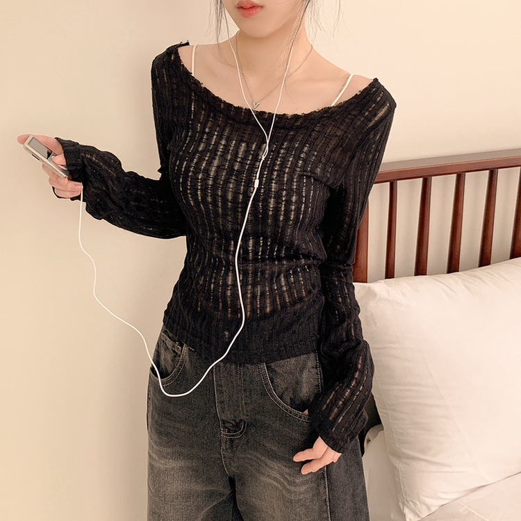 シースルーリボンクロップ長袖Tシャツ BLACK