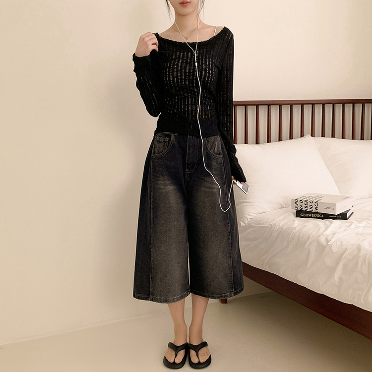 シースルーリボンクロップ長袖Tシャツ BLACK