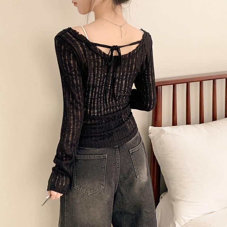 シースルーリボンクロップ長袖Tシャツ BLACK