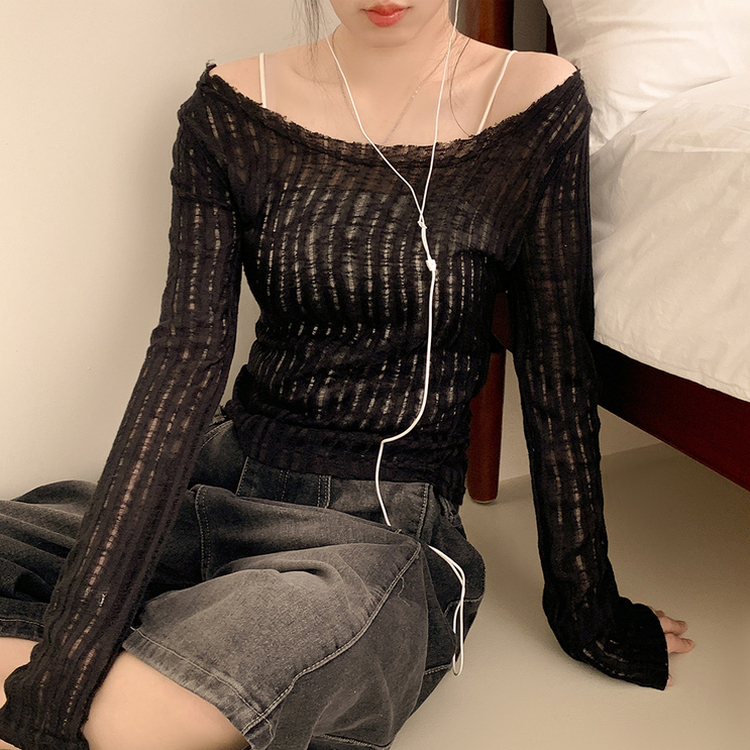 シースルーリボンクロップ長袖Tシャツ BLACK