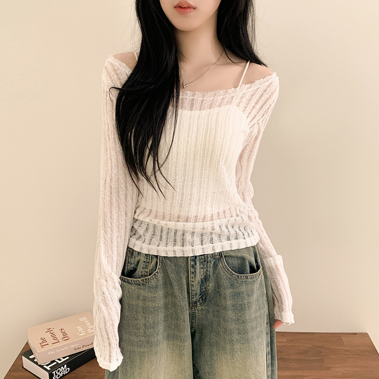 シースルーリボンクロップ長袖Tシャツ WHITE