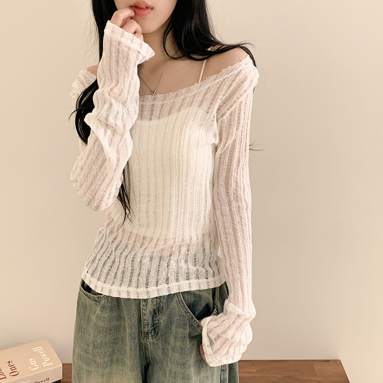 シースルーリボンクロップ長袖Tシャツ WHITE