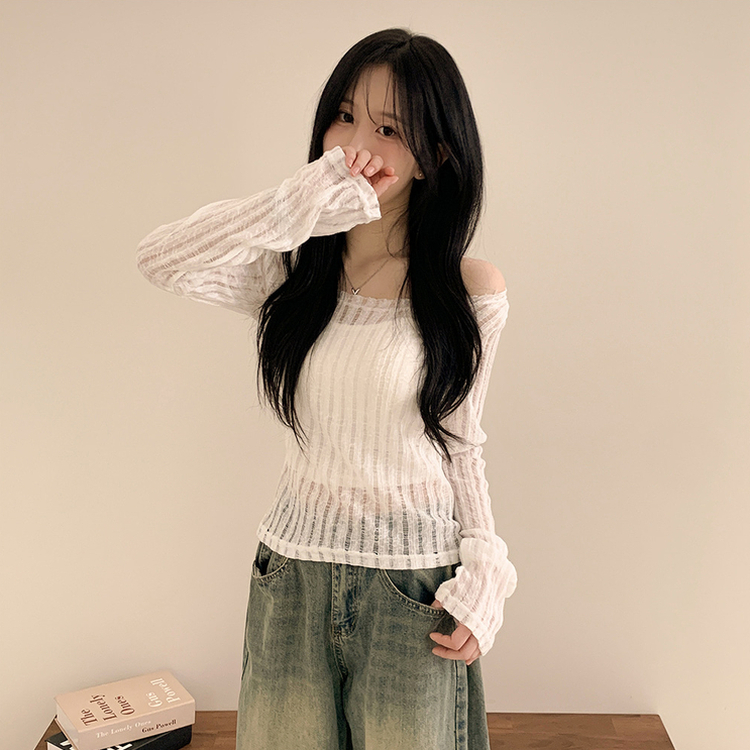 シースルーリボンクロップ長袖Tシャツ WHITE