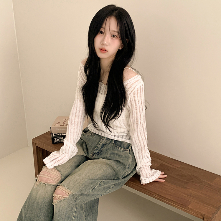 シースルーリボンクロップ長袖Tシャツ WHITE