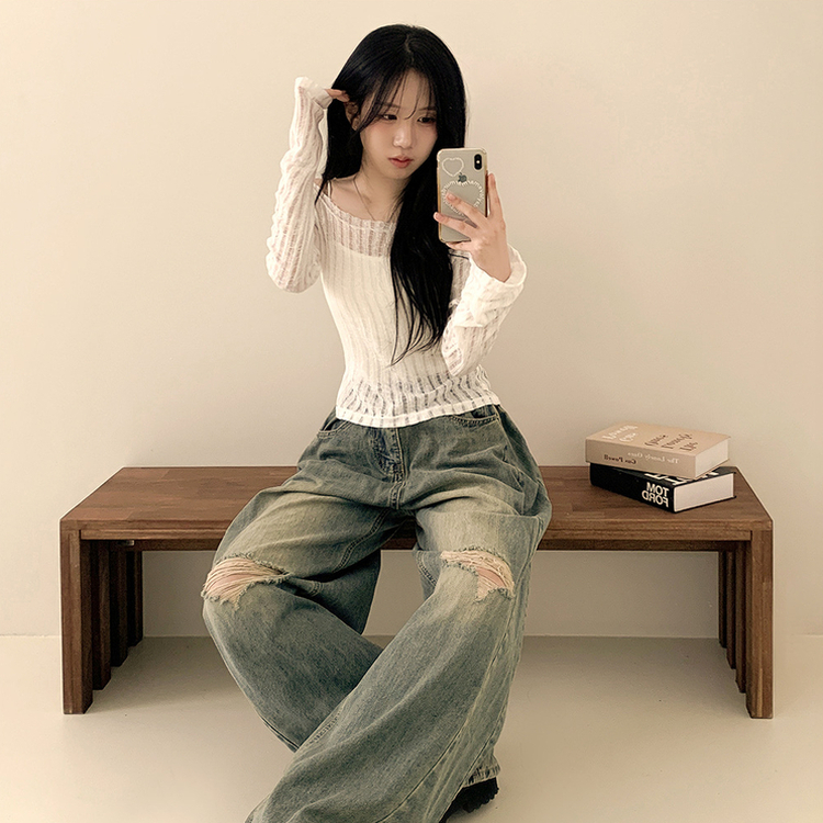シースルーリボンクロップ長袖Tシャツ WHITE