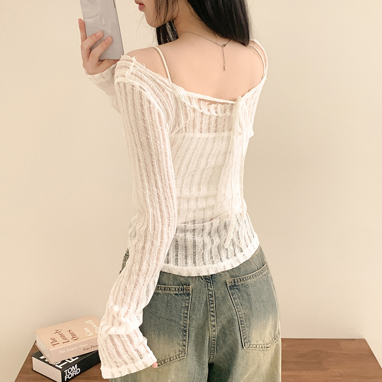 シースルーリボンクロップ長袖Tシャツ WHITE