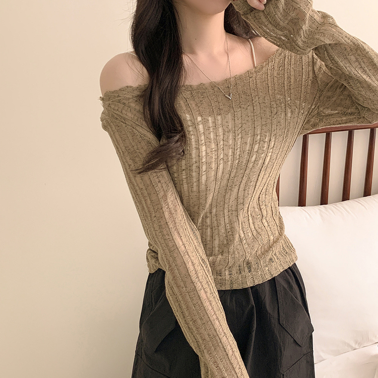 シースルーリボンクロップ長袖Tシャツ KHAKI