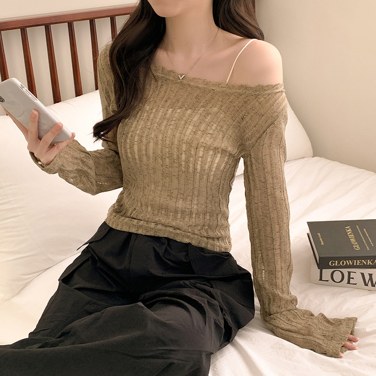 シースルーリボンクロップ長袖Tシャツ KHAKI