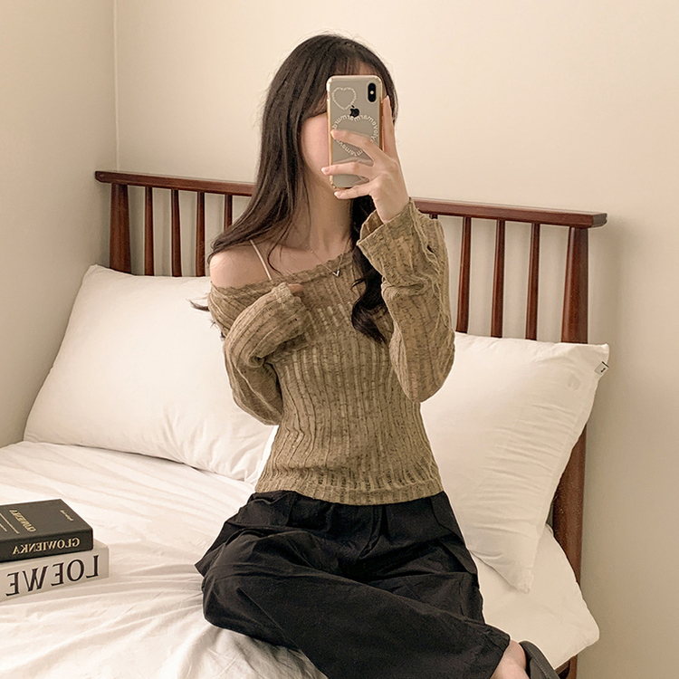 シースルーリボンクロップ長袖Tシャツ KHAKI