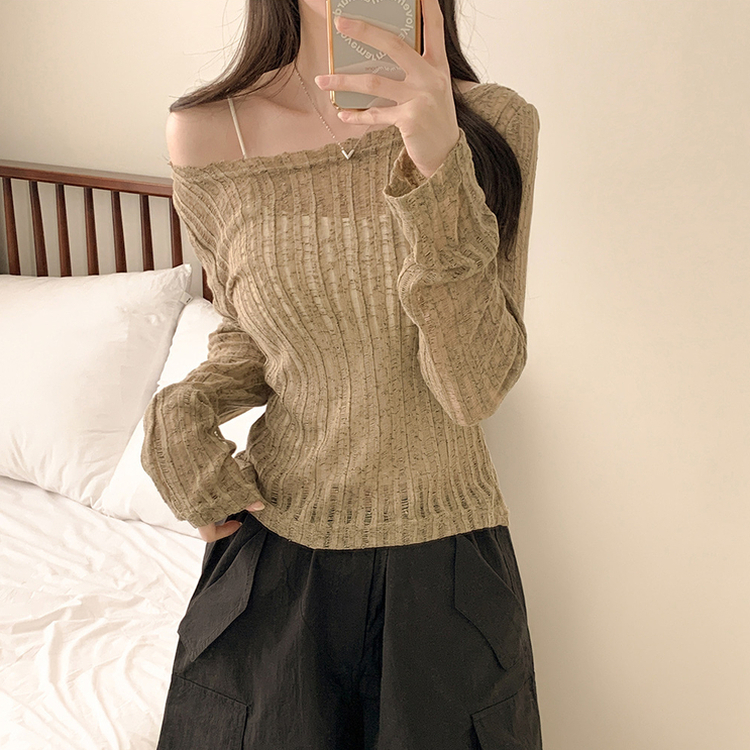 シースルーリボンクロップ長袖Tシャツ KHAKI