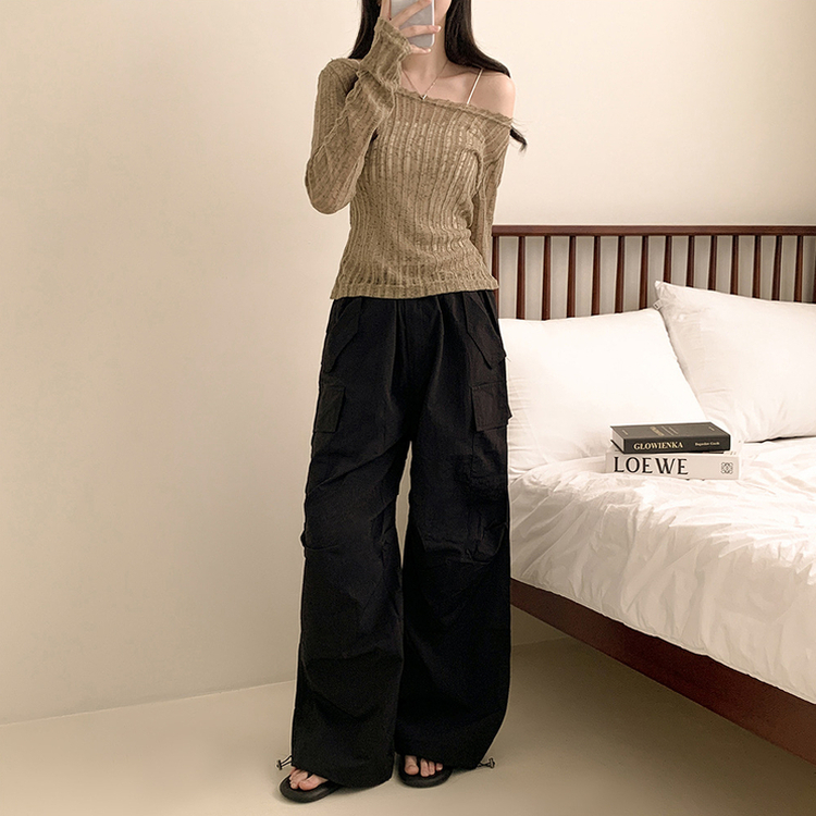 シースルーリボンクロップ長袖Tシャツ KHAKI