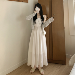 [고퀄원단/휴양지룩] 청순여리 허리밴딩 스퀘어넥 여름 나시 맥시 롱원피스 키큰녀추천 화이트 여행룩 바캉스룩 아이보리