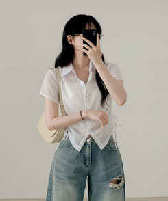 ブラウス サイドシャーリングシャツブラウス WHITE