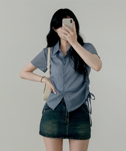 ブラウス サイドシャーリングシャツブラウス BLUE