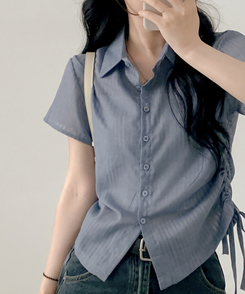 ブラウス サイドシャーリングシャツブラウス BLUE