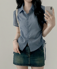 ブラウス サイドシャーリングシャツブラウス BLUE