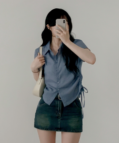 ブラウス サイドシャーリングシャツブラウス BLUE