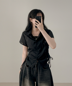 ブラウス サイドシャーリングシャツブラウス BLACK