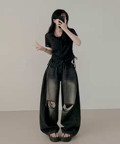 ブラウス サイドシャーリングシャツブラウス BLACK