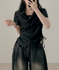 ブラウス サイドシャーリングシャツブラウス BLACK