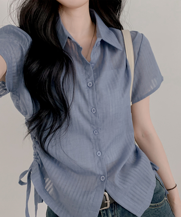 ブラウス サイドシャーリングシャツブラウス BLUE