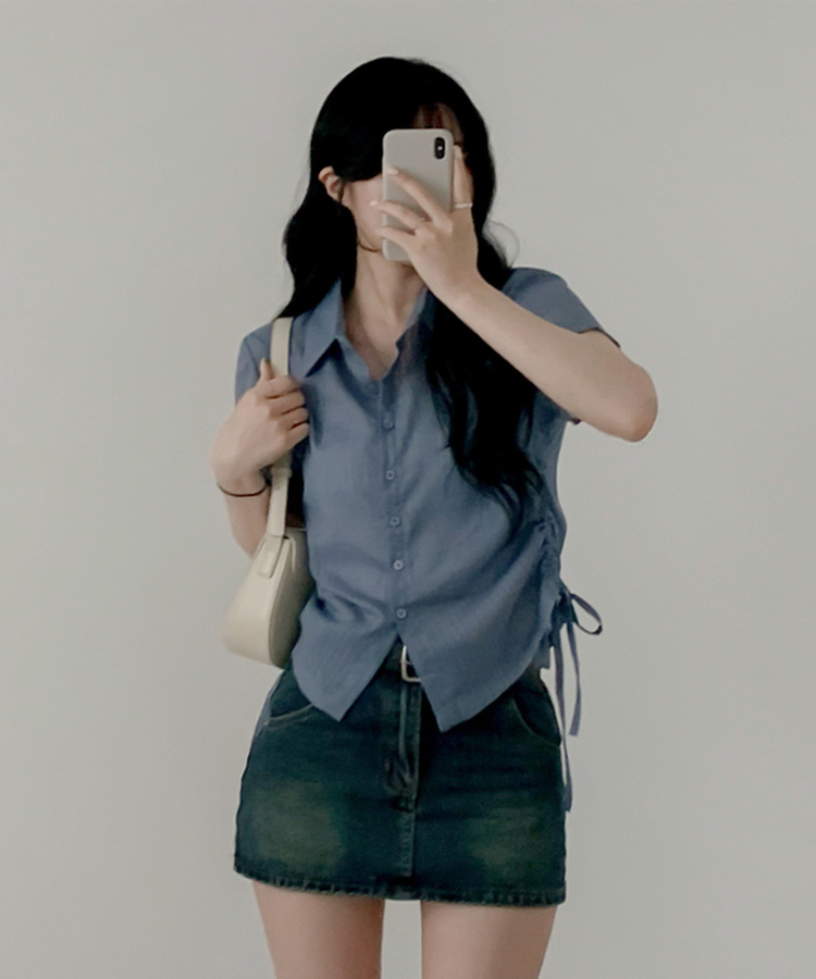 サイドシャーリングシャツブラウス BLUE