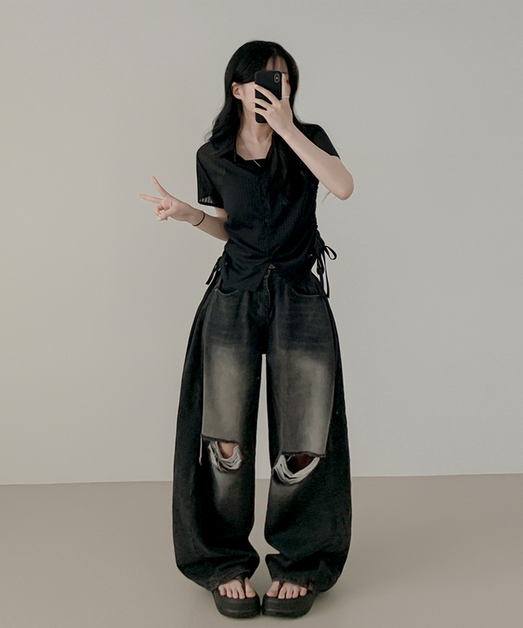 サイドシャーリングシャツブラウス BLACK