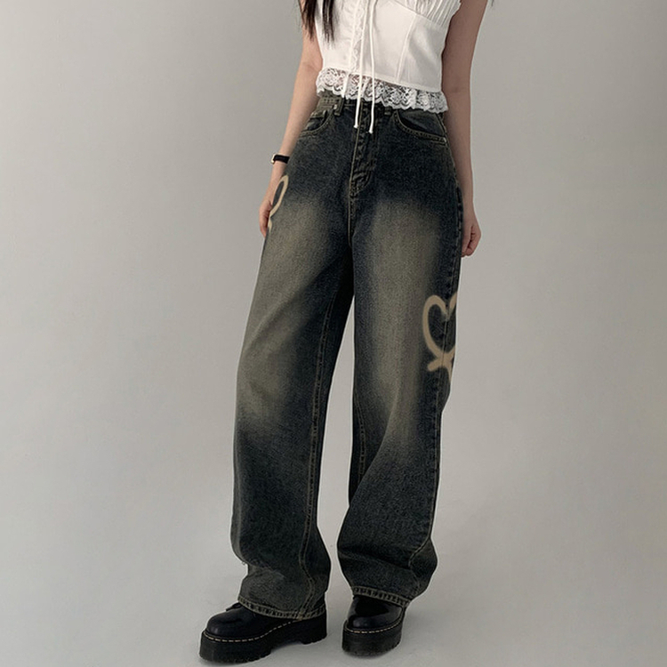 MIYHOOビンテージウォッシングジーンズ（クリーム） ハートウォッシングビンテージデニムパンツ｜デニム｜韓国ファッション