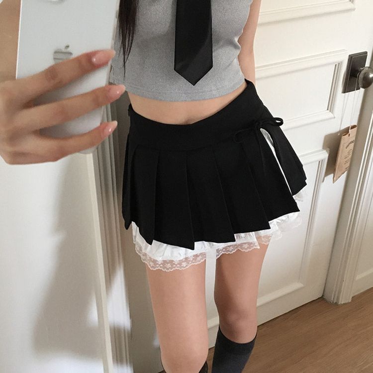 レースプリーツスカート BLACK