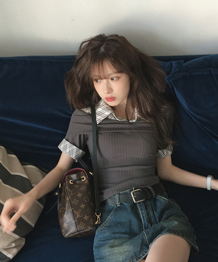 レイヤードオフショルダーニット半袖Tシャツ DEEP GRAY