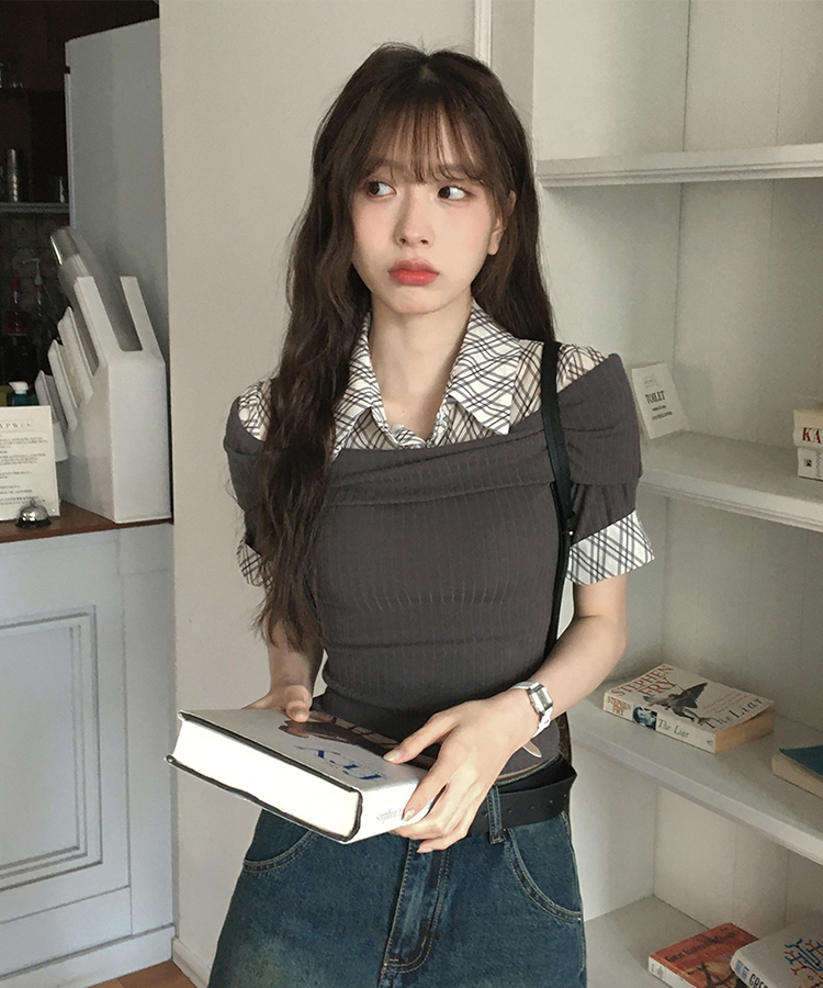 レイヤードオフショルダーニット半袖Tシャツ DEEP GRAY