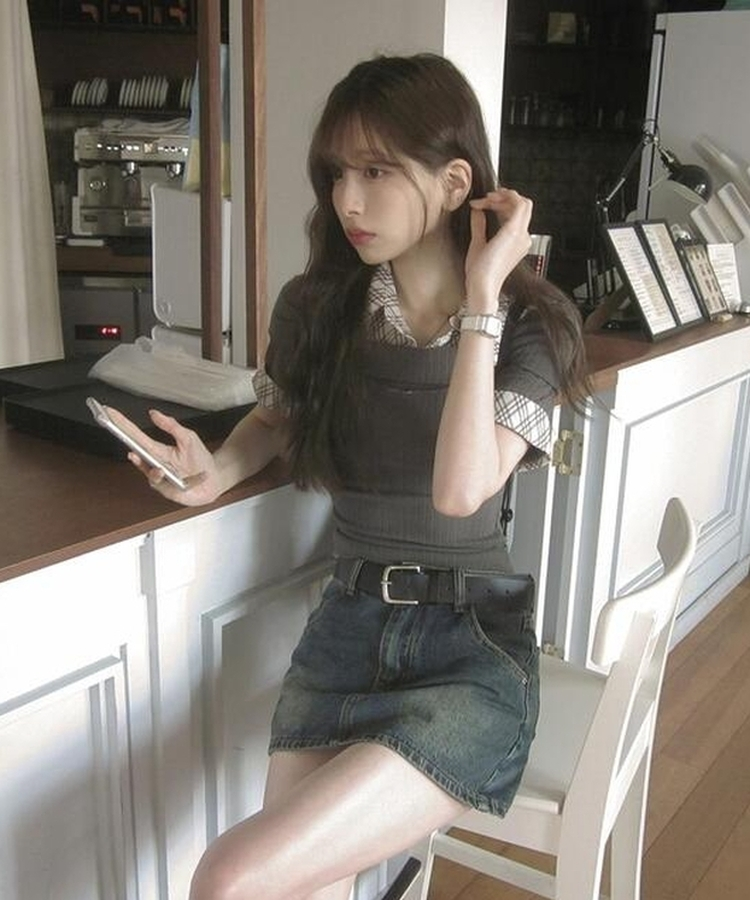レイヤードオフショルダーニット半袖Tシャツ DEEP GRAY