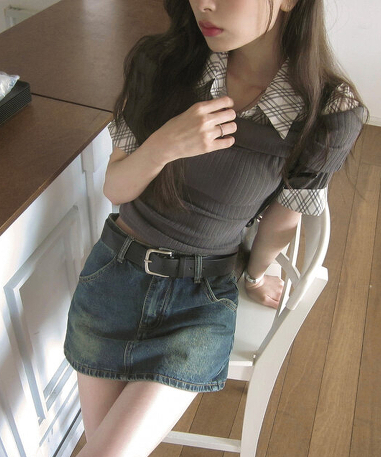 レイヤードオフショルダーニット半袖Tシャツ DEEP GRAY