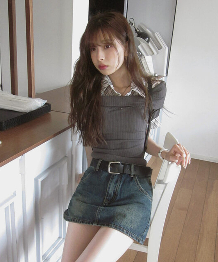 レイヤードオフショルダーニット半袖Tシャツ DEEP GRAY