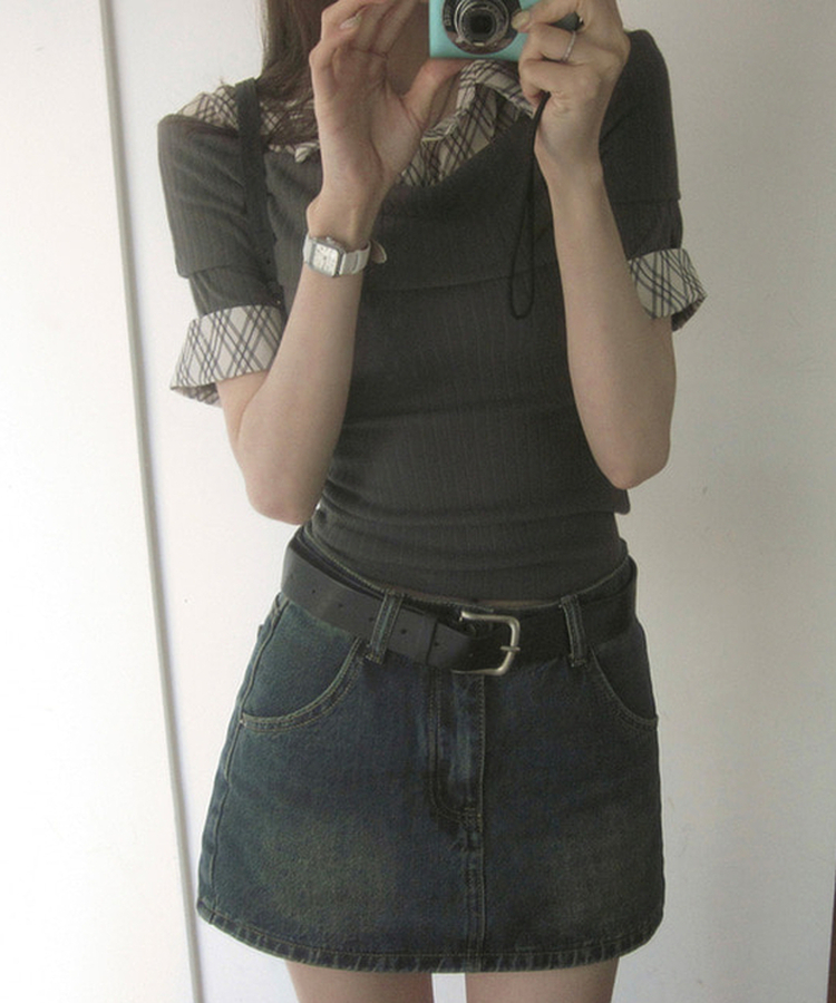 レイヤードオフショルダーニット半袖Tシャツ DEEP GRAY