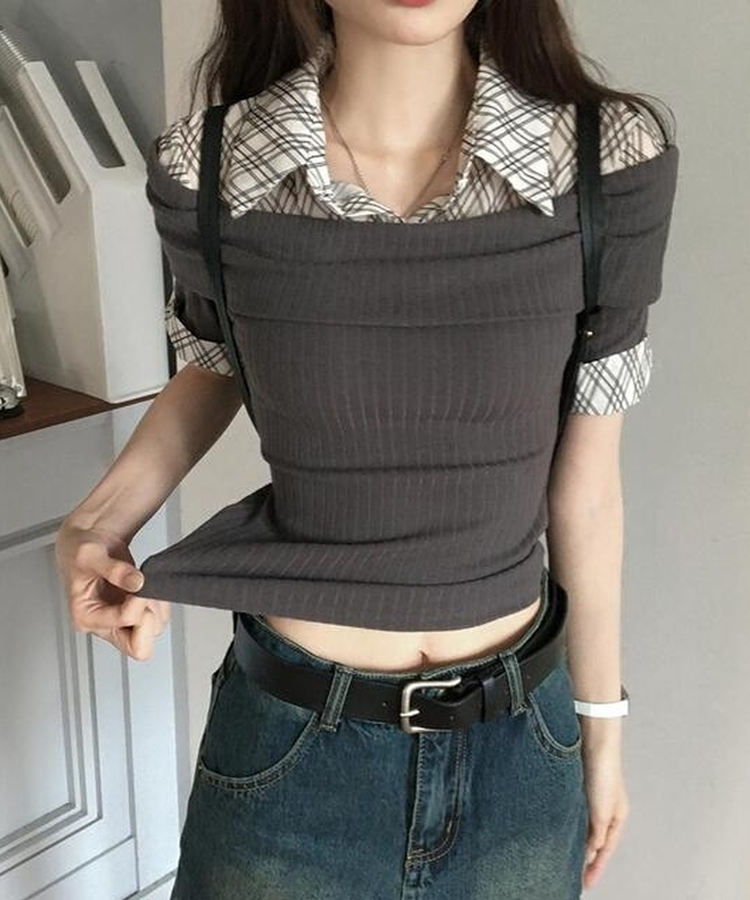 レイヤードオフショルダーニット半袖Tシャツ DEEP GRAY