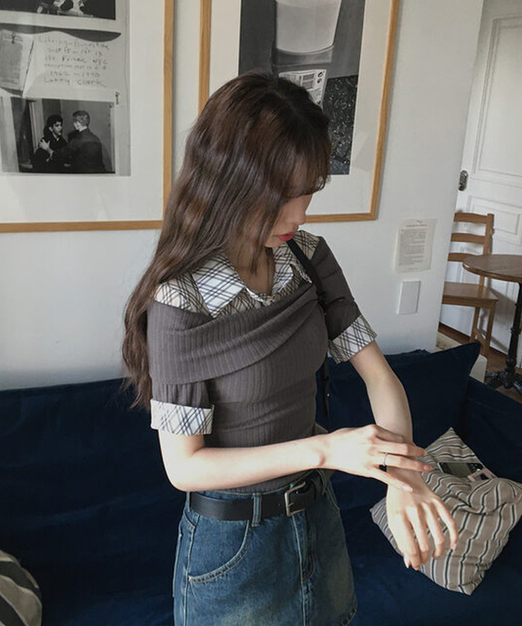 レイヤードオフショルダーニット半袖Tシャツ DEEP GRAY