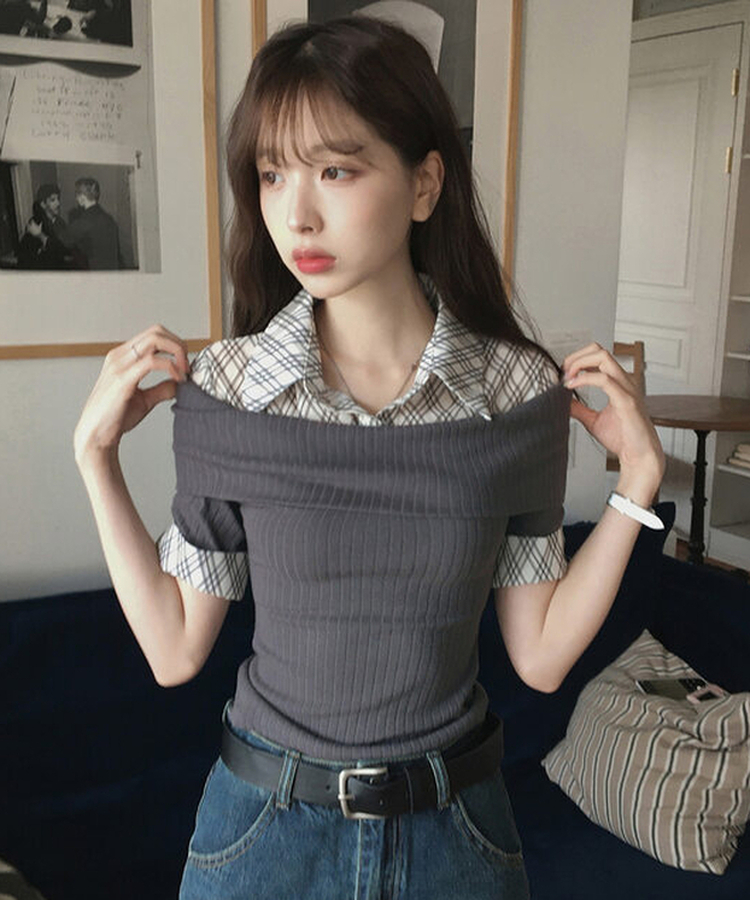 レイヤードオフショルダーニット半袖Tシャツ DEEP GRAY