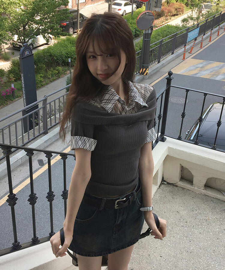 レイヤードオフショルダーニット半袖Tシャツ DEEP GRAY