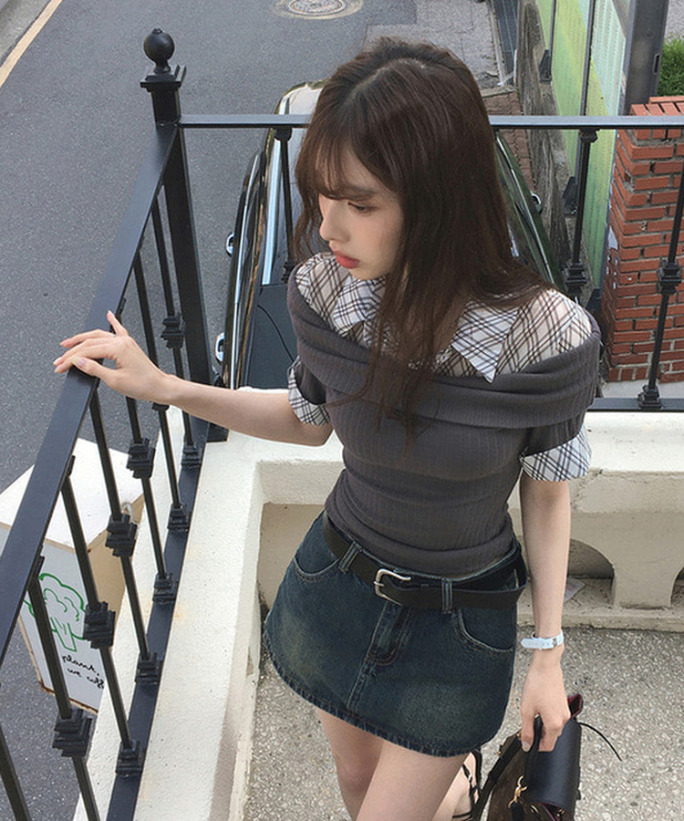 レイヤードオフショルダーニット半袖Tシャツ DEEP GRAY