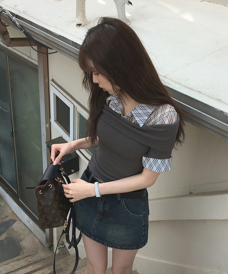 レイヤードオフショルダーニット半袖Tシャツ DEEP GRAY