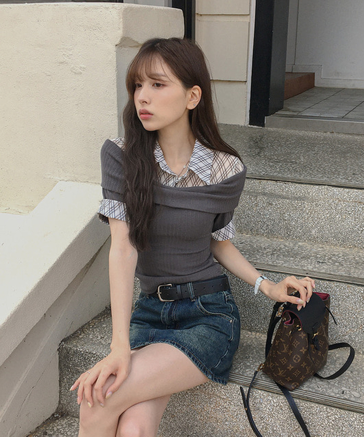 レイヤードオフショルダーニット半袖Tシャツ DEEP GRAY