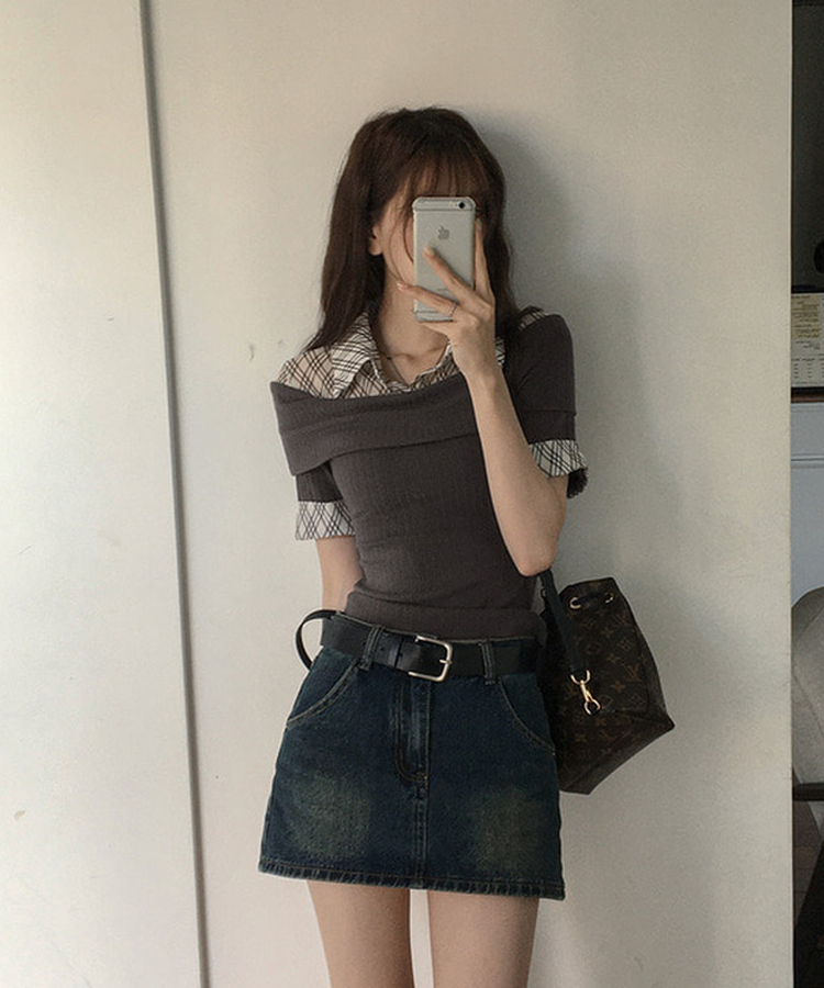 レイヤードオフショルダーニット半袖Tシャツ DEEP GRAY