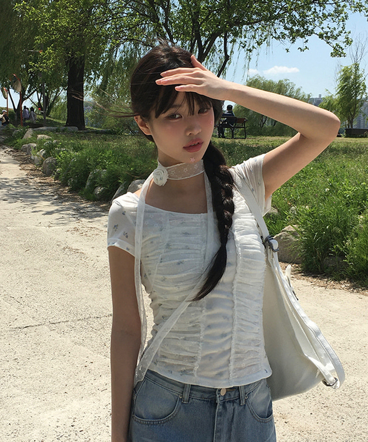 フラワーシャーリング半袖Tシャツ WHITE