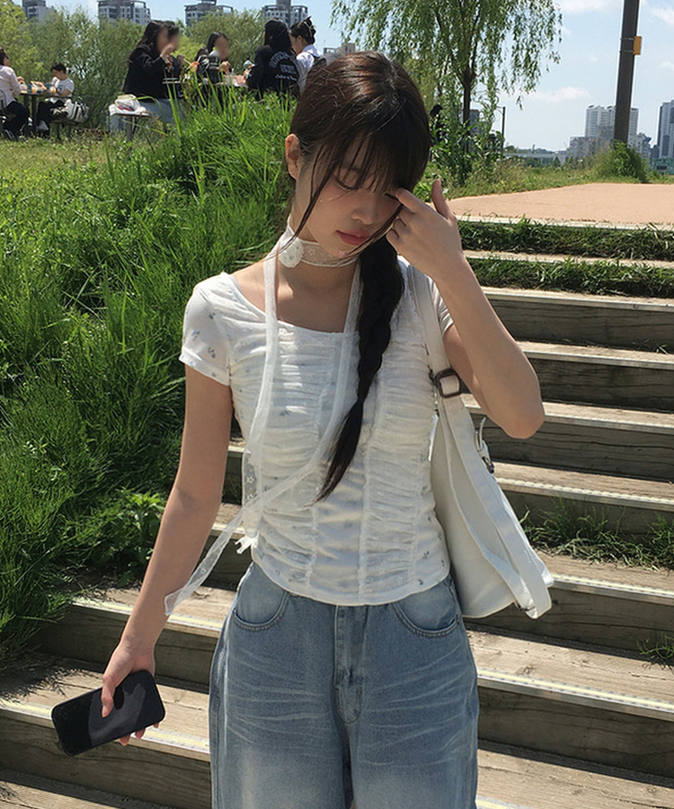 フラワーシャーリング半袖Tシャツ WHITE