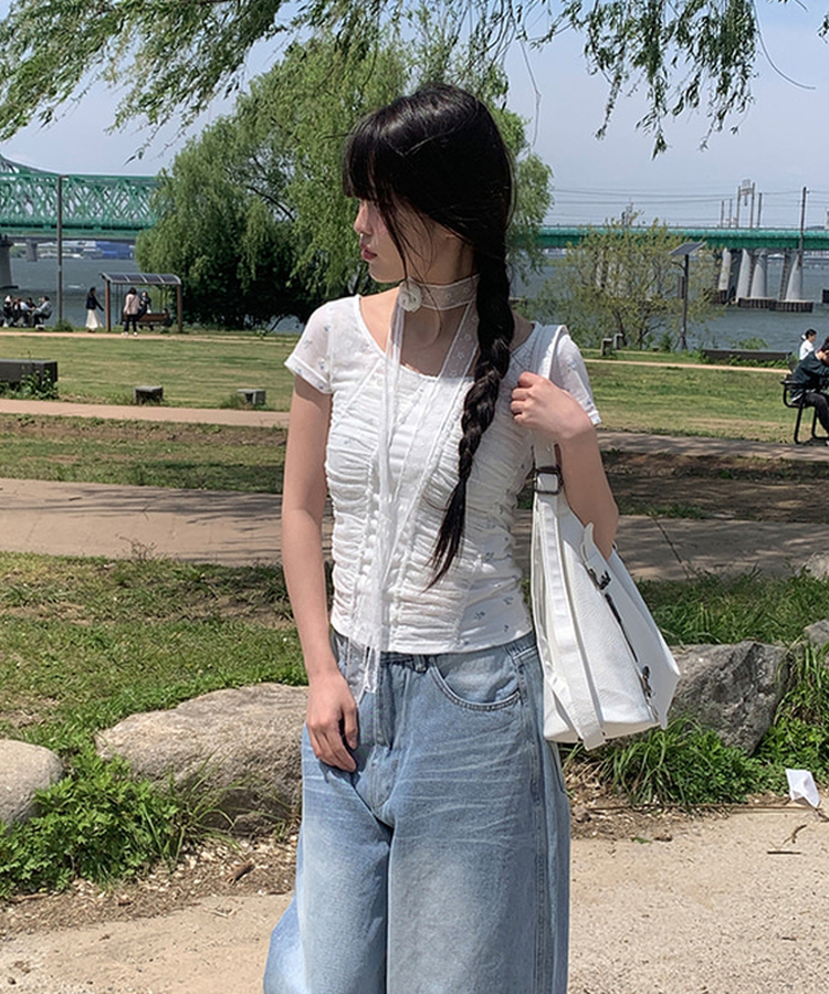 フラワーシャーリング半袖Tシャツ WHITE