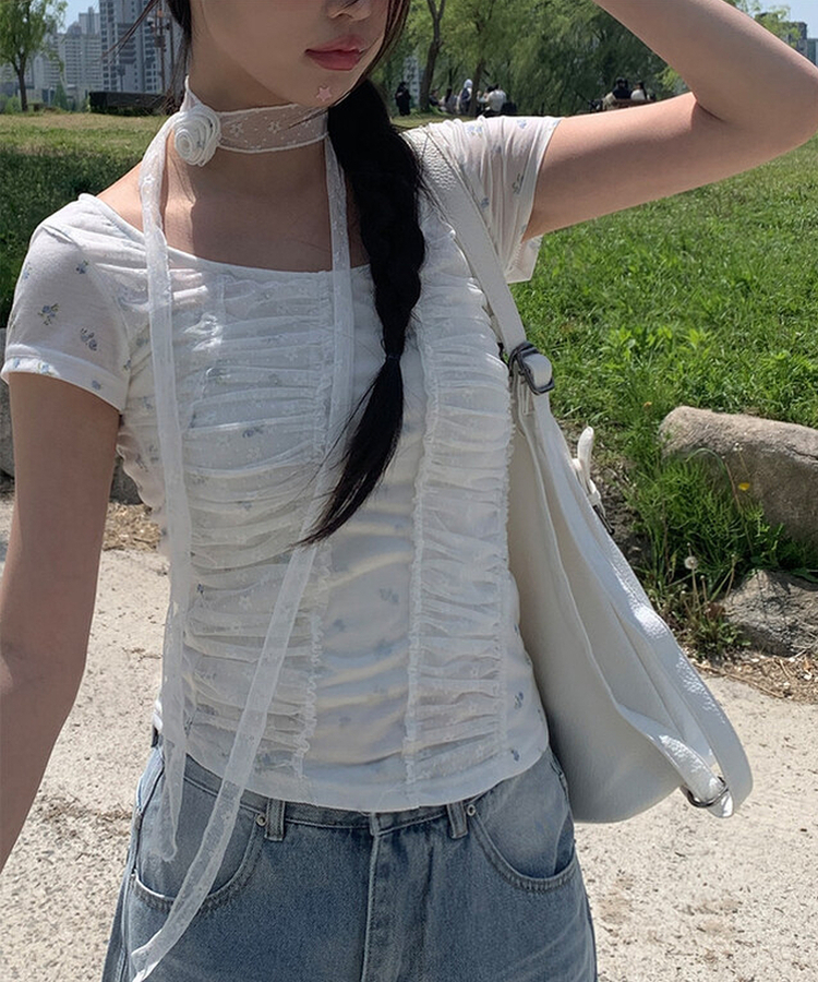 フラワーシャーリング半袖Tシャツ WHITE