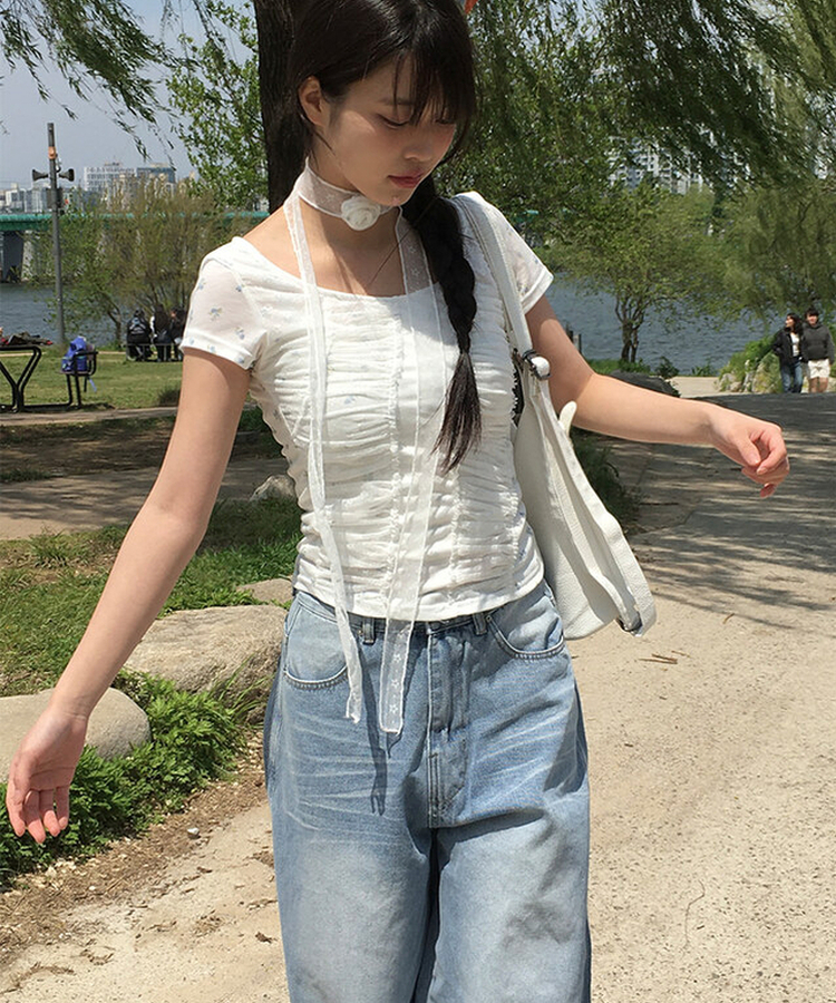 フラワーシャーリング半袖Tシャツ WHITE