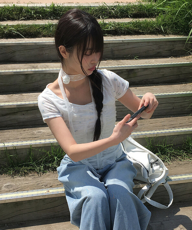 フラワーシャーリング半袖Tシャツ WHITE